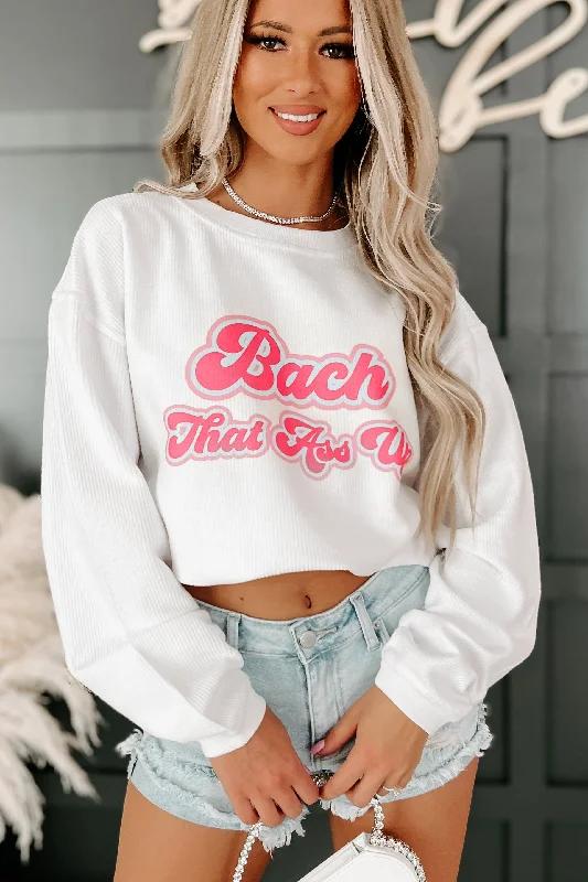 ""Bach That Ass Up"" Corded Graphic Crewneck (White/Pink) - Print On Demand