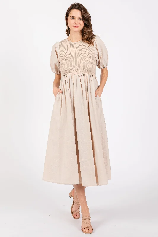 Beige Ribbed Bodice Puff Sleeve Midi Dress