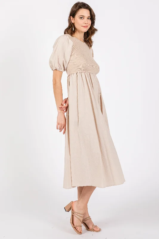 Beige Ribbed Bodice Puff Sleeve Midi Dress