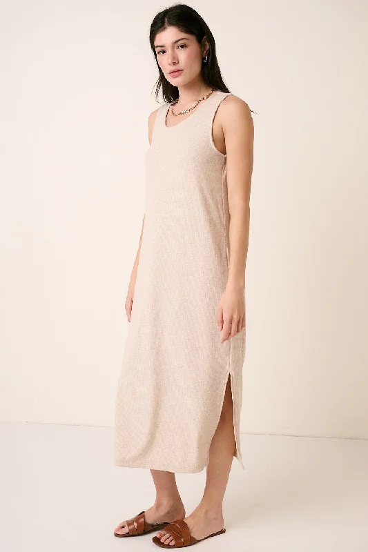 Beige Ribbed Sleeveless Midi Dress