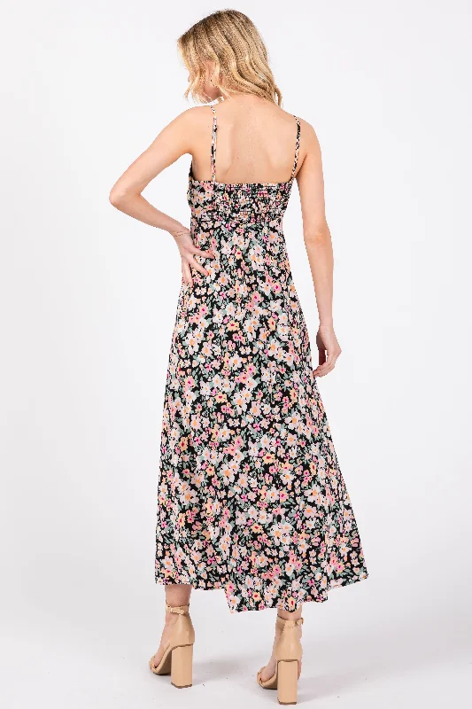 Black Floral Front Cutout Drawstring Tie Midi Dress