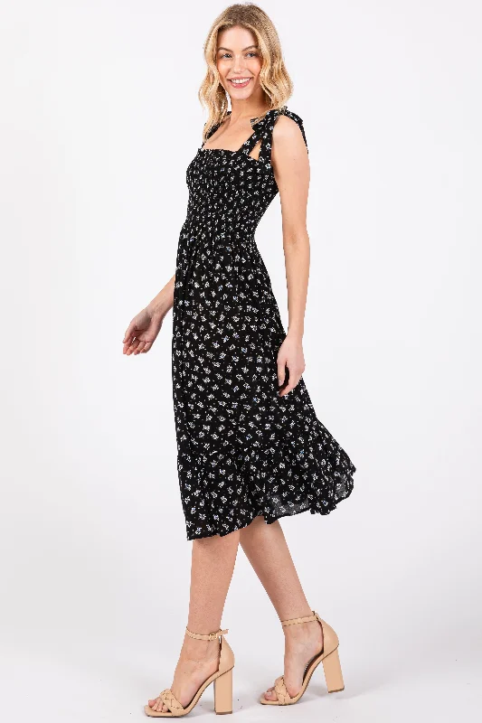 Black Floral Sleeveless Knotted Strap Dress