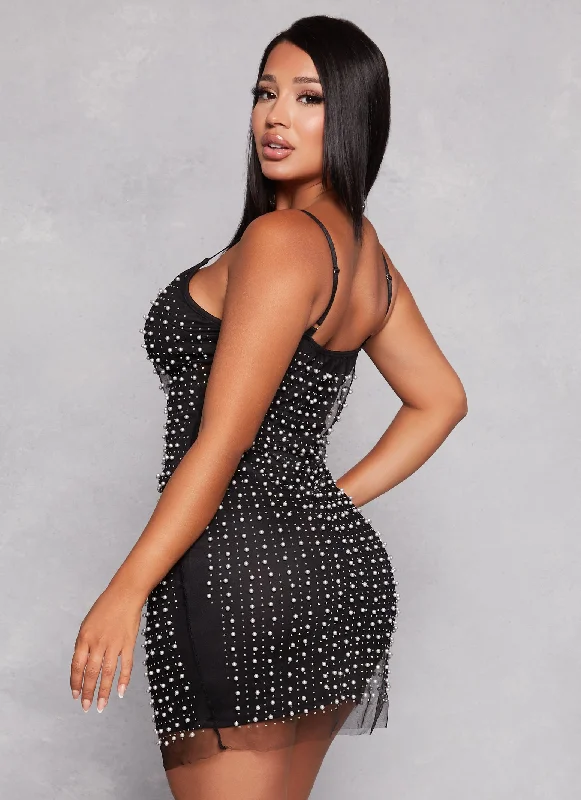 Mesh Faux Pearl Cami Bodycon Dress