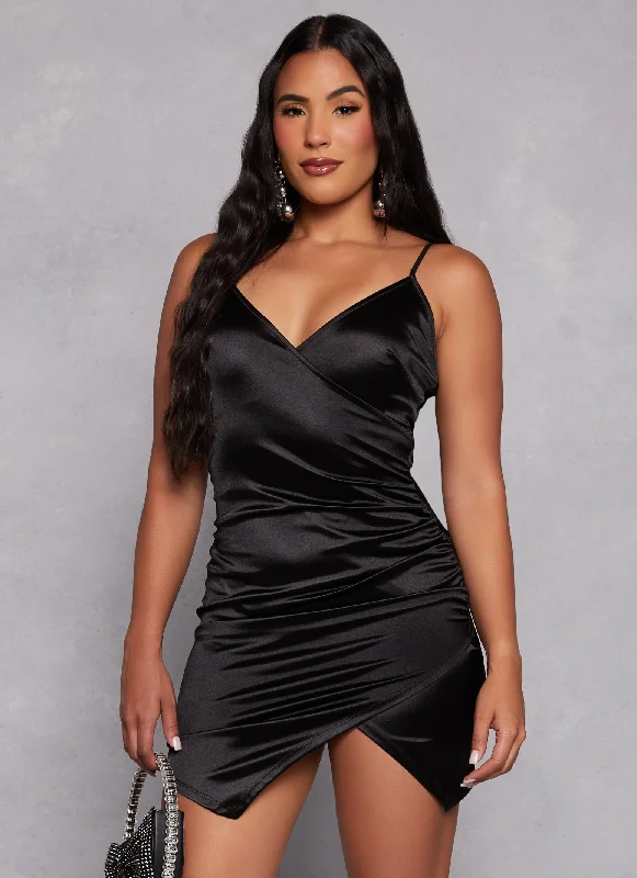 Satin Faux Wrap Ruched Cami Dress