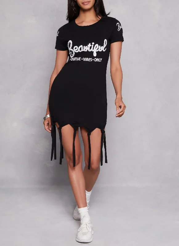 Sequin Beautiful Positive Vibes Only Fringe T Shirt Dress