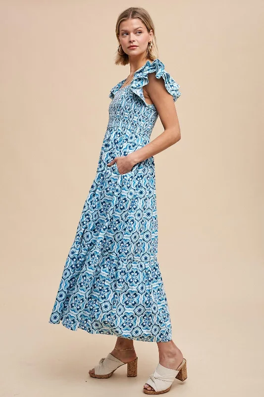 Blue Floral Smocked Flutter Cap Sleeve Maxi Dress