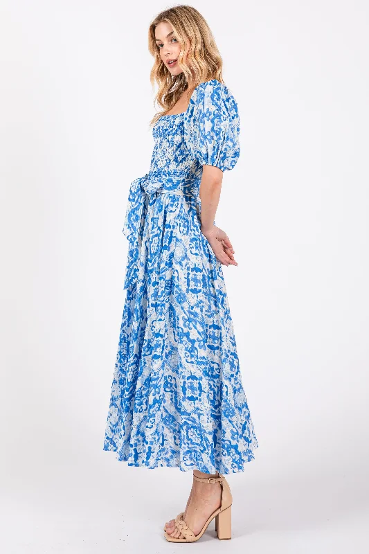 Blue Floral Smocked Short Puff Sleeve Midi Dress