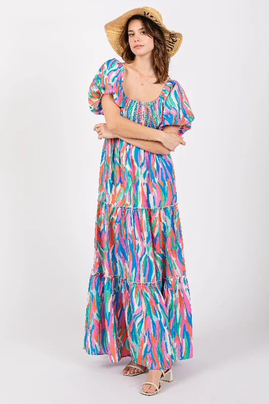 Blue Multi Color Print Puff Sleeve Maxi Dress