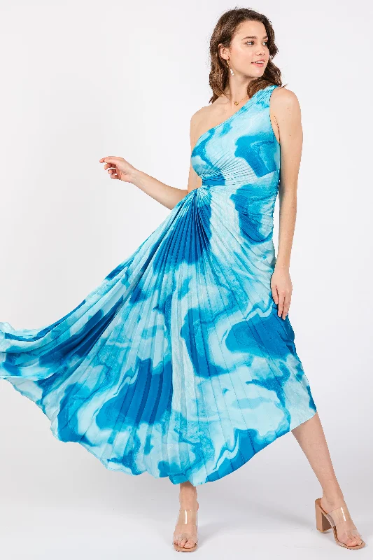 Blue Watercolor Satin Pleated One-Shoulder Asymmetrical Midi Dress