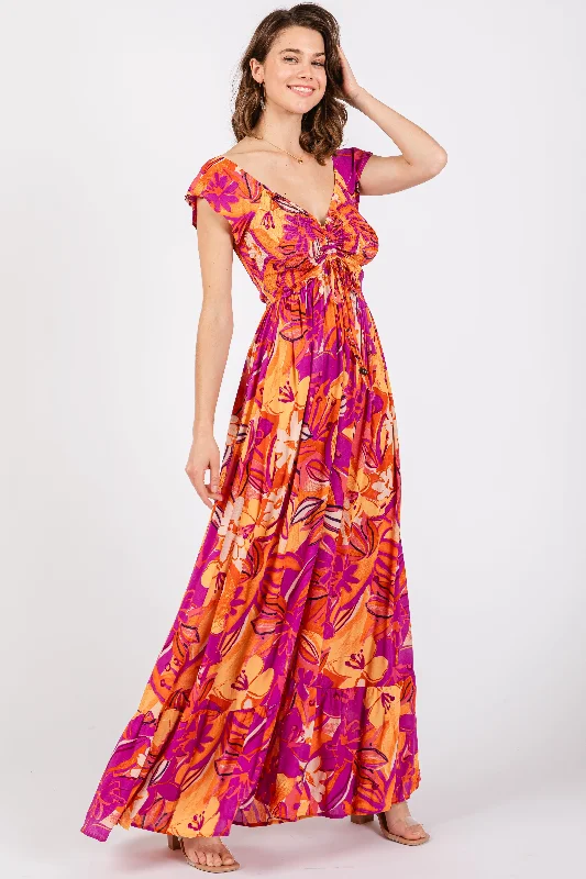 Coral Floral Smocked Off Shoulder Maxi Dress