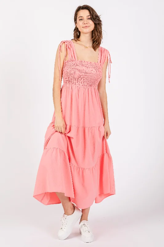 Coral Smocked Sleeveless Drawstring Shoulder Tiered Midi Dress