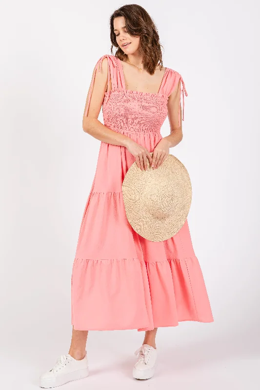 Coral Smocked Sleeveless Drawstring Shoulder Tiered Midi Dress