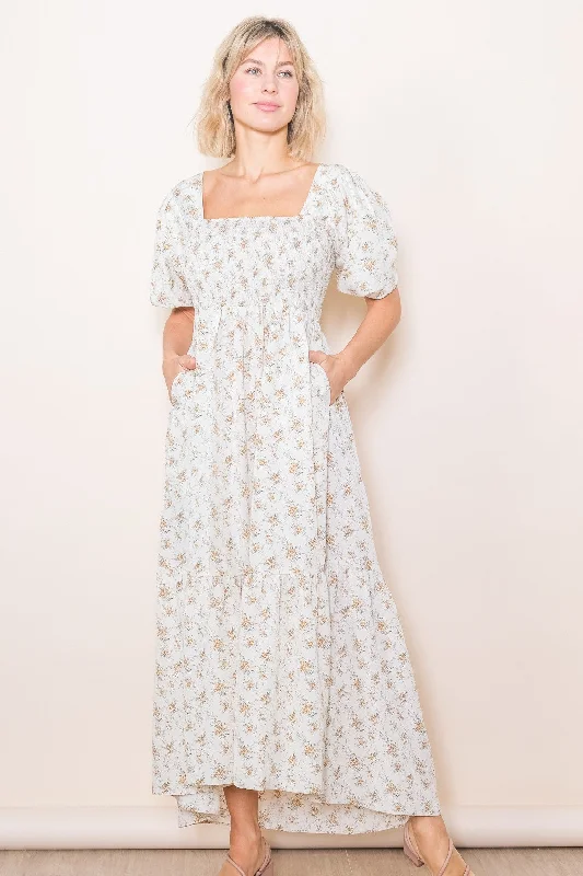 Cream Floral Smocked Square Neck Short Puff Sleeve Midi Dress