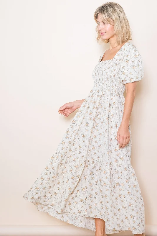 Cream Floral Smocked Square Neck Short Puff Sleeve Midi Dress