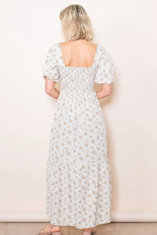 Cream Floral Smocked Square Neck Short Puff Sleeve Midi Dress