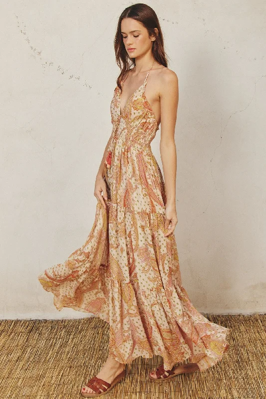 Cream Paisley Print Halter Maxi Dress