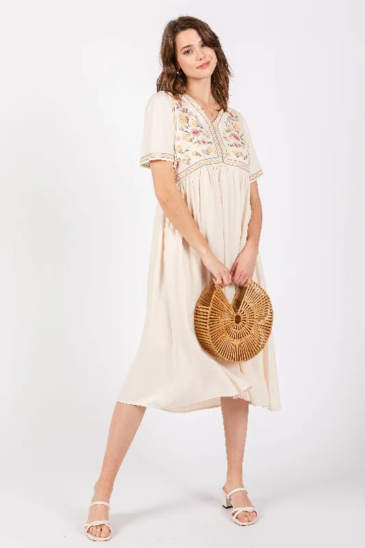 Cream Short Sleeve V-Neck Midi Dress