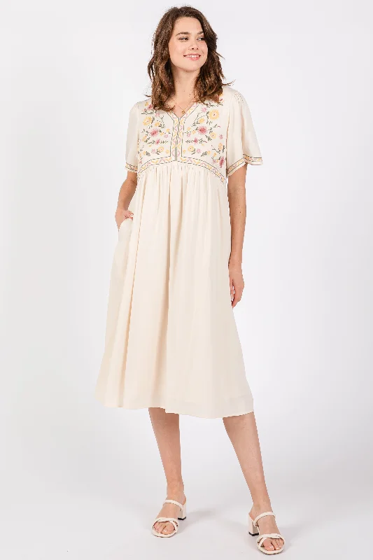 Cream Short Sleeve V-Neck Midi Dress