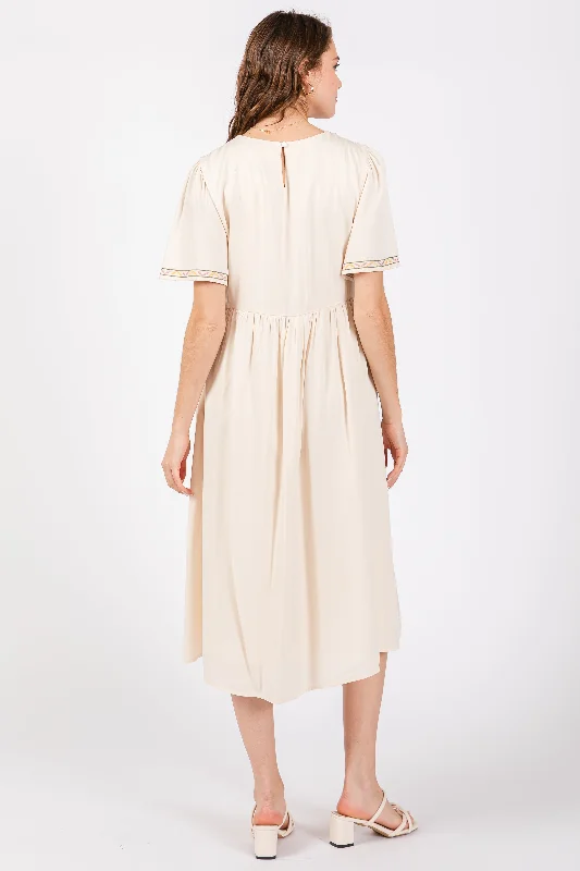 Cream Short Sleeve V-Neck Midi Dress