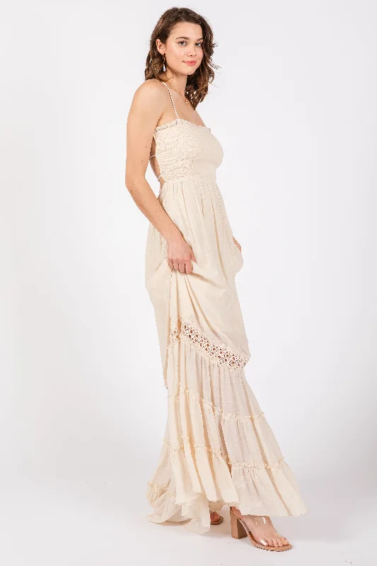 Cream Smocked Open Back Maxi Dress