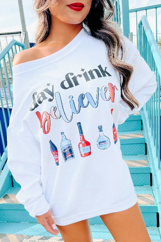 ""Day Drink Believer"" Corded Graphic Crewneck (White) - Print On Demand