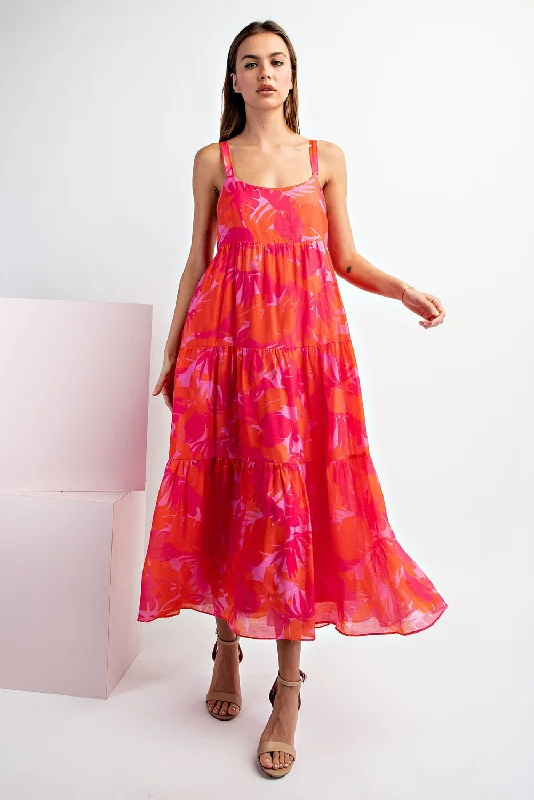 Fuchsia Leaf Print Sleeveless Tiered Midi Dress