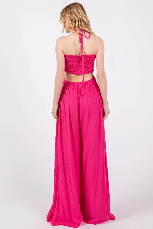 Fuchsia Smocked Drawstring Halter Side Cutout Jumpsuit