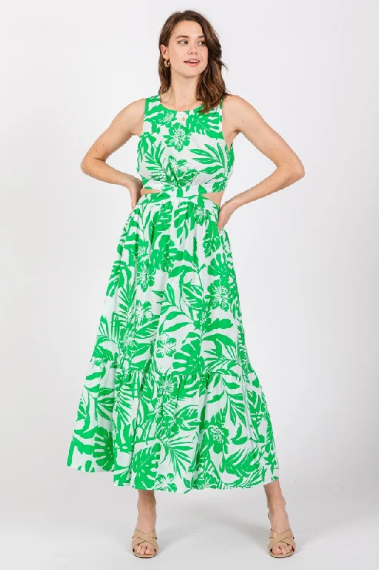 Green Floral Side Cutout Ruffle Midi Dress