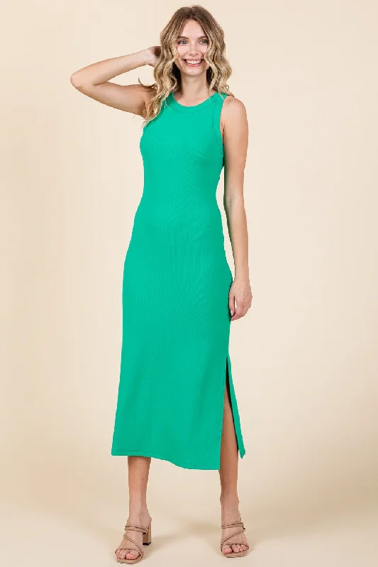 Green Ribbed Side Slit Tank Dress