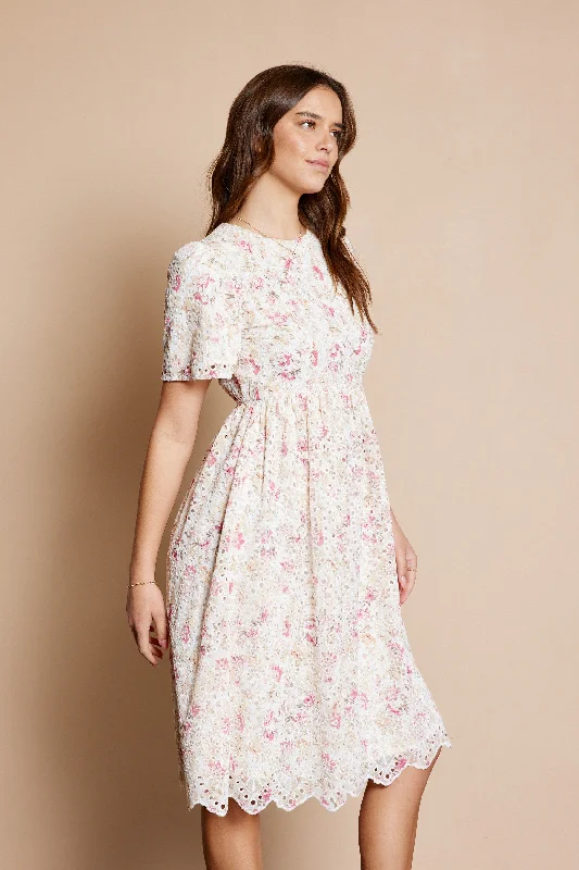 Ivory Floral Embroidered Eyelet Midi Dress