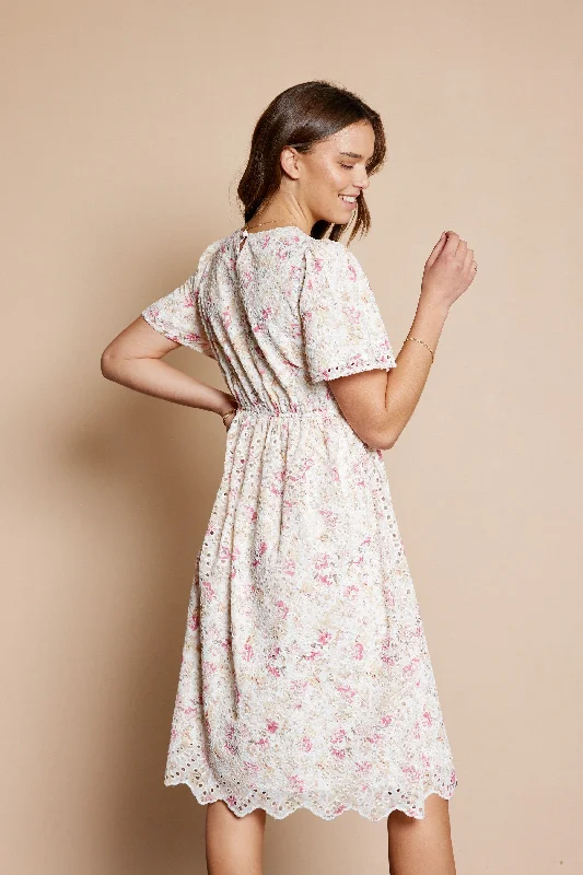 Ivory Floral Embroidered Eyelet Midi Dress