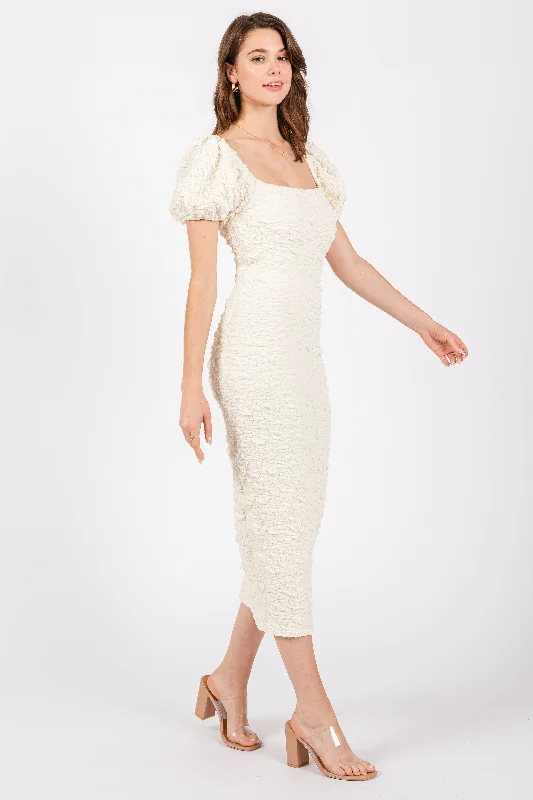 Ivory Textured Square Neck Puff Sleeve Midi Dress