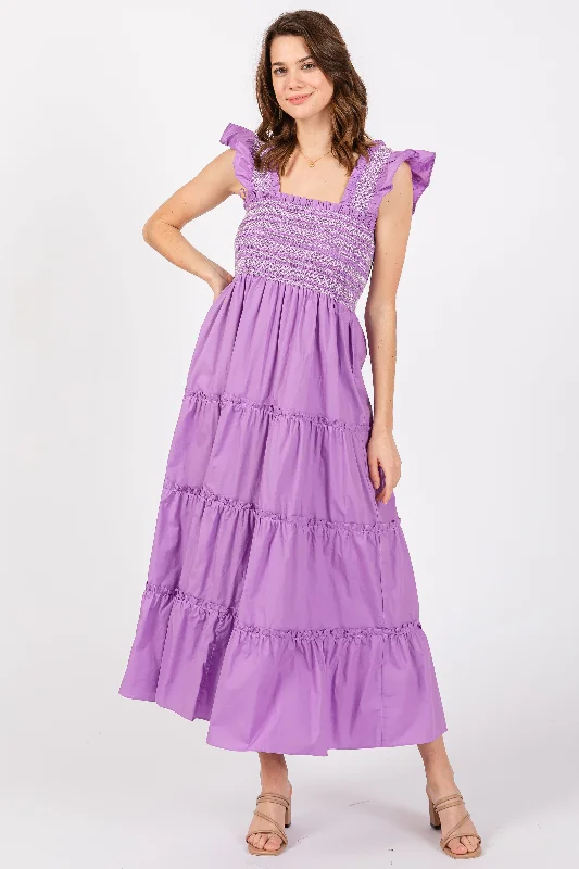 Lavender Embroidered Smocked Midi Dress