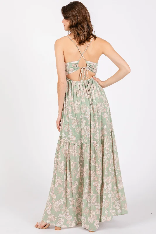 Light Olive Foral Front Cutout Open Cross Back Maxi Dress