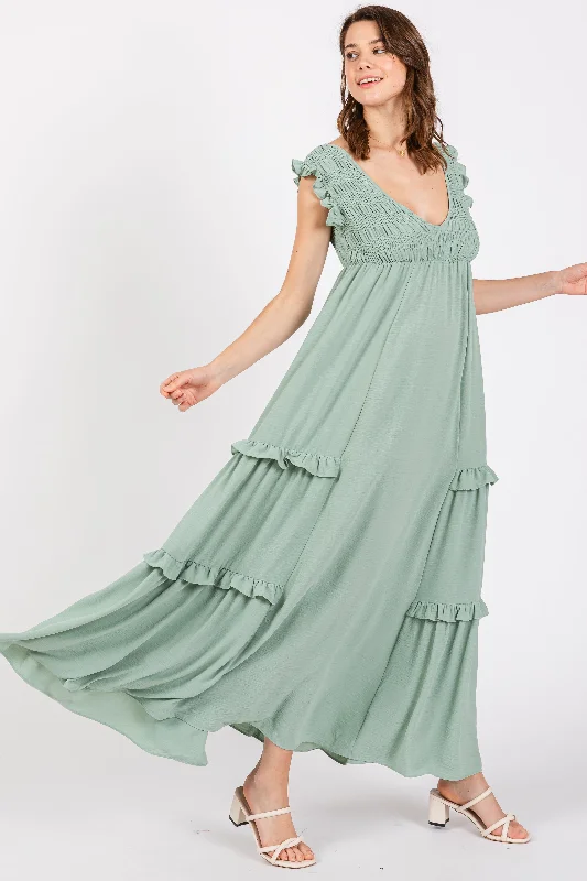 Light Olive Smocked Ruffle V-Neck Maxi Dress