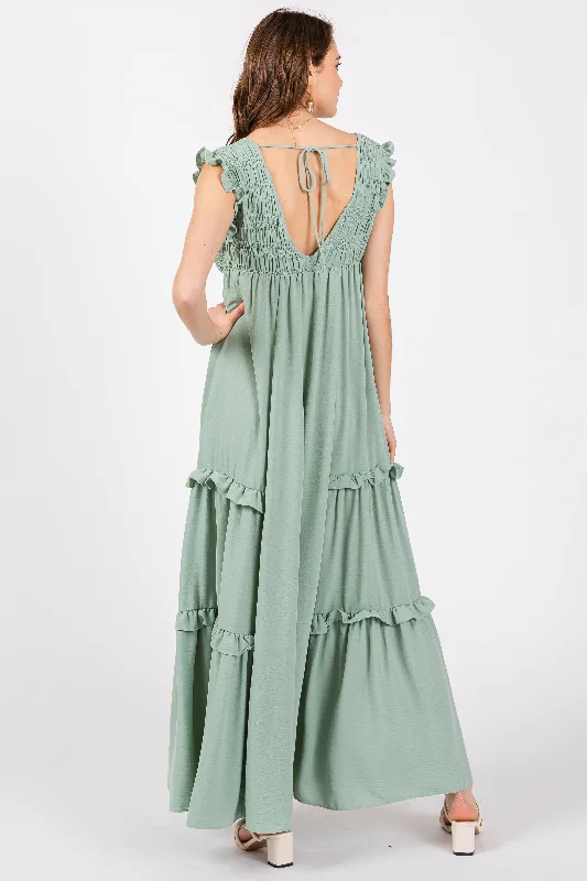 Light Olive Smocked Ruffle V-Neck Maxi Dress