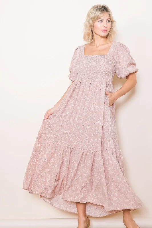 Light Pink Floral Smocked Square Neck Short Puff Sleeve Midi Dress