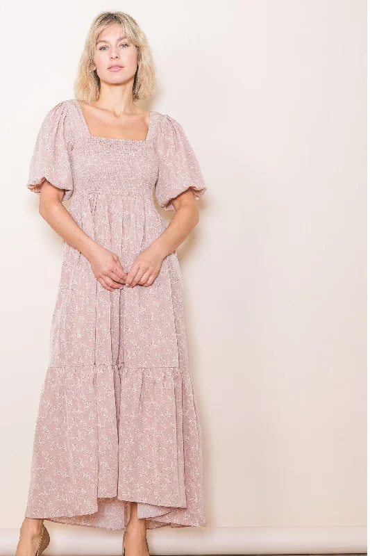 Light Pink Floral Smocked Square Neck Short Puff Sleeve Midi Dress