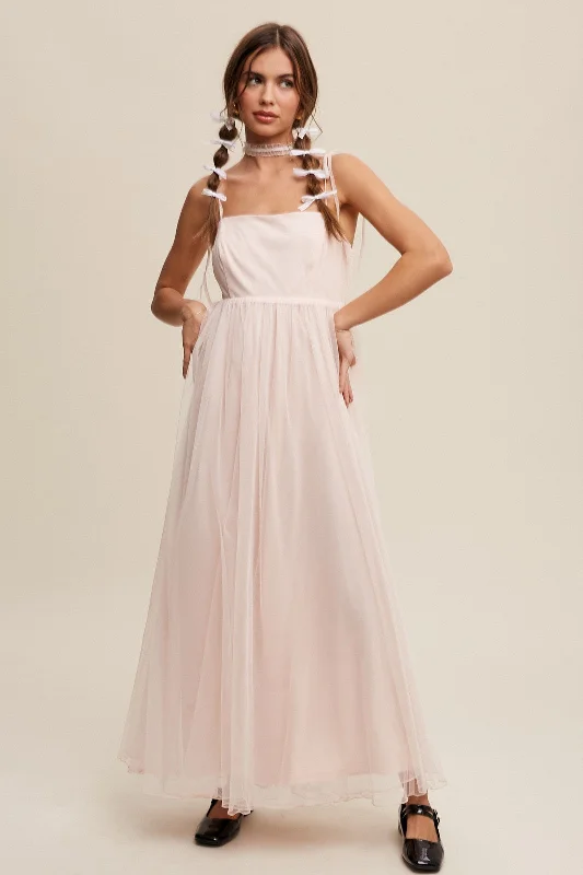 Light Pink Square Neck Shoulder Tie Tulle Maxi Dress