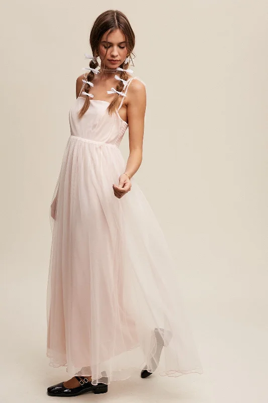 Light Pink Square Neck Shoulder Tie Tulle Maxi Dress