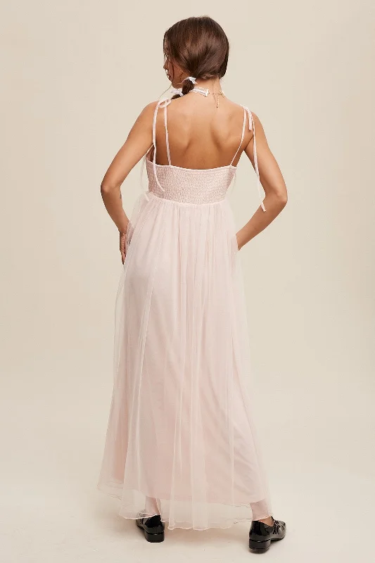 Light Pink Square Neck Shoulder Tie Tulle Maxi Dress