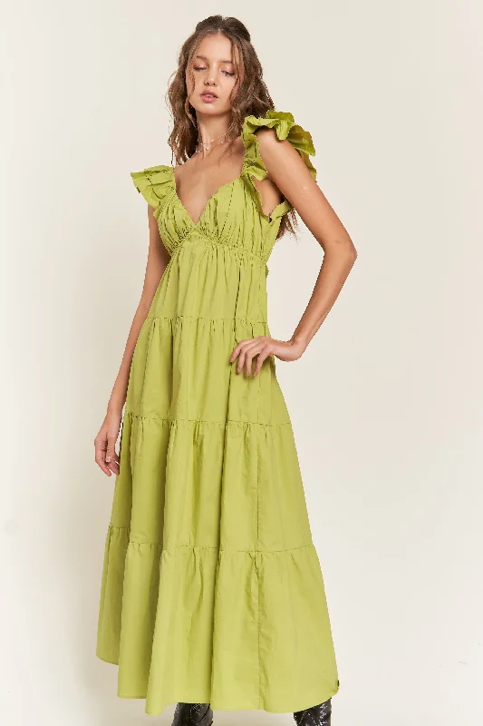 Lime Flutter Sleeve Tiered Maxi Dress