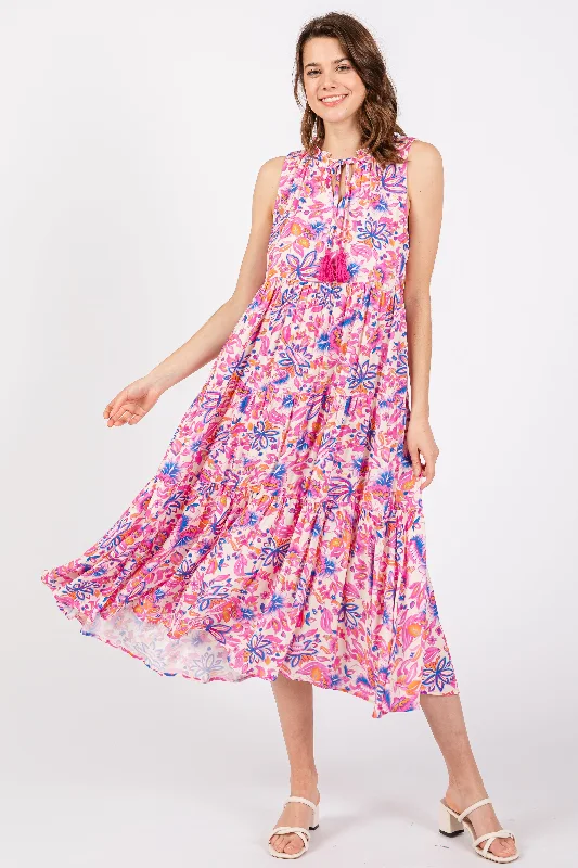 Magenta Floral Ruffle Mock Neck Tiered Sleeveless Midi Dress