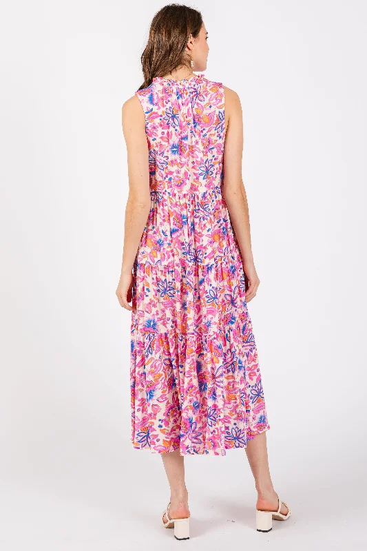 Magenta Floral Ruffle Mock Neck Tiered Sleeveless Midi Dress