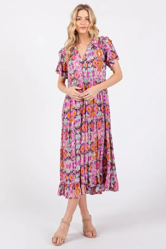 Magenta Print Ruffle Accent Midi Dress