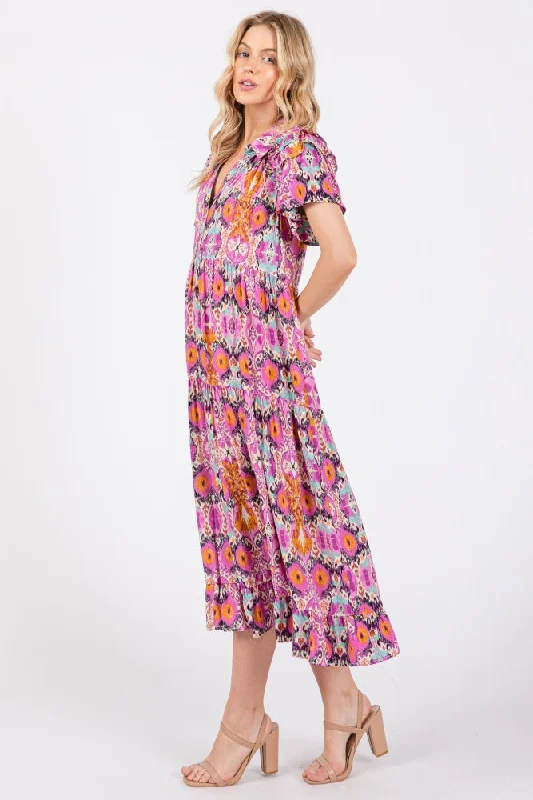 Magenta Print Ruffle Accent Midi Dress