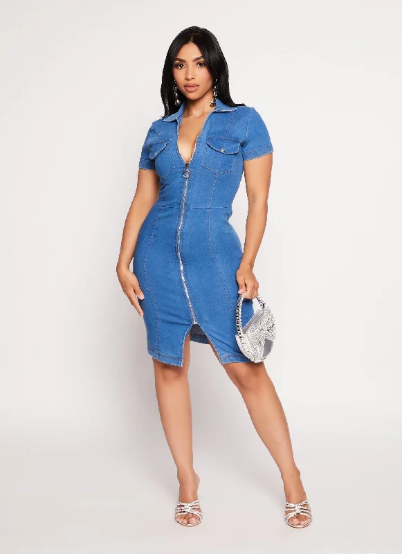 Zip Front Denim Shirt Dress