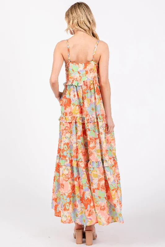 Multi-Color Floral Ruffle Tiered Sleeveless Midi Dress