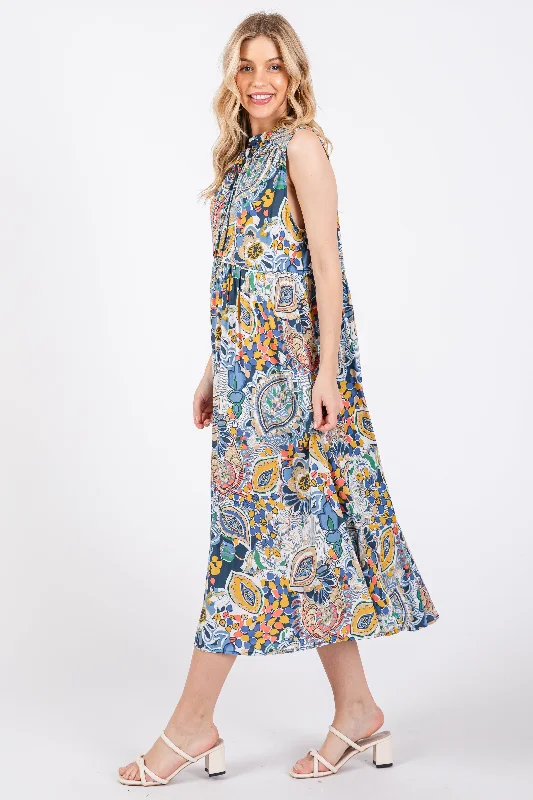 Navy Blue Floral Paisley Mock Neck Midi Dress