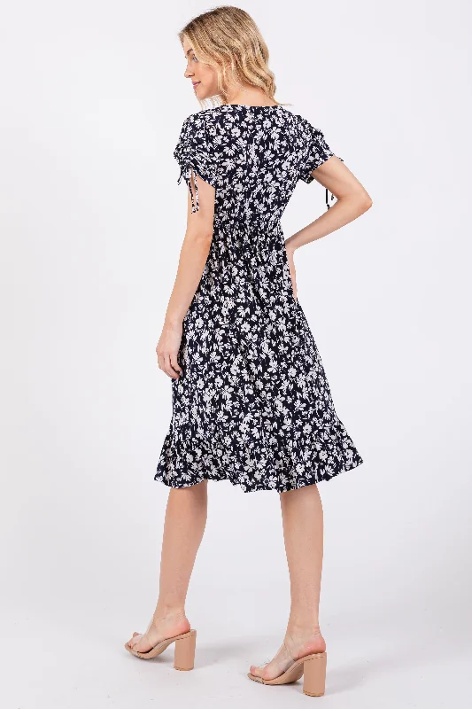 Navy Blue Floral Wrap Midi Dress